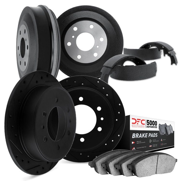 8504-76005 Drilled/Slotted Brake Rotors w/5000 Advanced Brake Pads/Drums & Shoes Kit [Black], 1981-1985 Lexus/Toyota/Scion, Posi