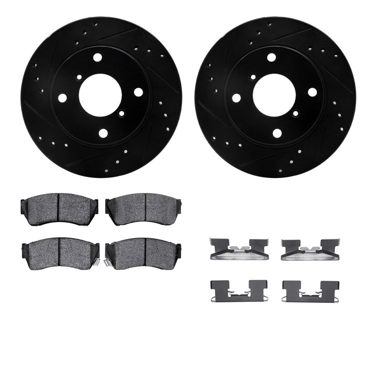 8512-01000 Drilled/Slotted Brake Rotors w/5000 Advanced Brake Pads Kit & Hardware [Black], 1991-1994 Suzuki, Position: Front