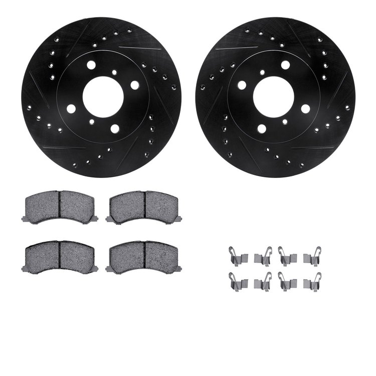 8512-01002 Drilled/Slotted Brake Rotors w/5000 Advanced Brake Pads Kit & Hardware [Black], 1999-2002 Suzuki, Position: Front