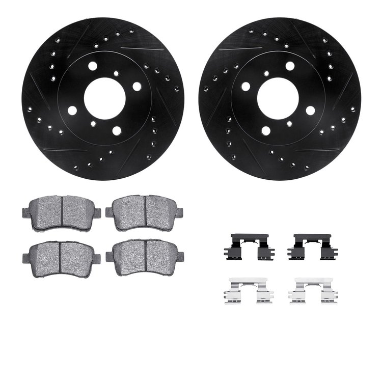 8512-01003 Drilled/Slotted Brake Rotors w/5000 Advanced Brake Pads Kit & Hardware [Black], 2002-2005 Suzuki, Position: Front