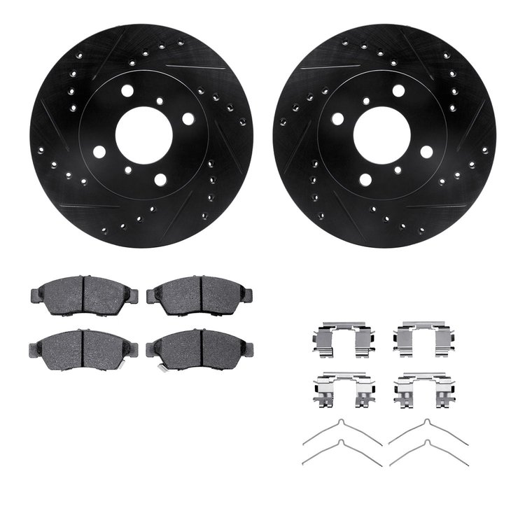 8512-01004 Drilled/Slotted Brake Rotors w/5000 Advanced Brake Pads Kit & Hardware [Black], 2006-2007 Suzuki, Position: Front