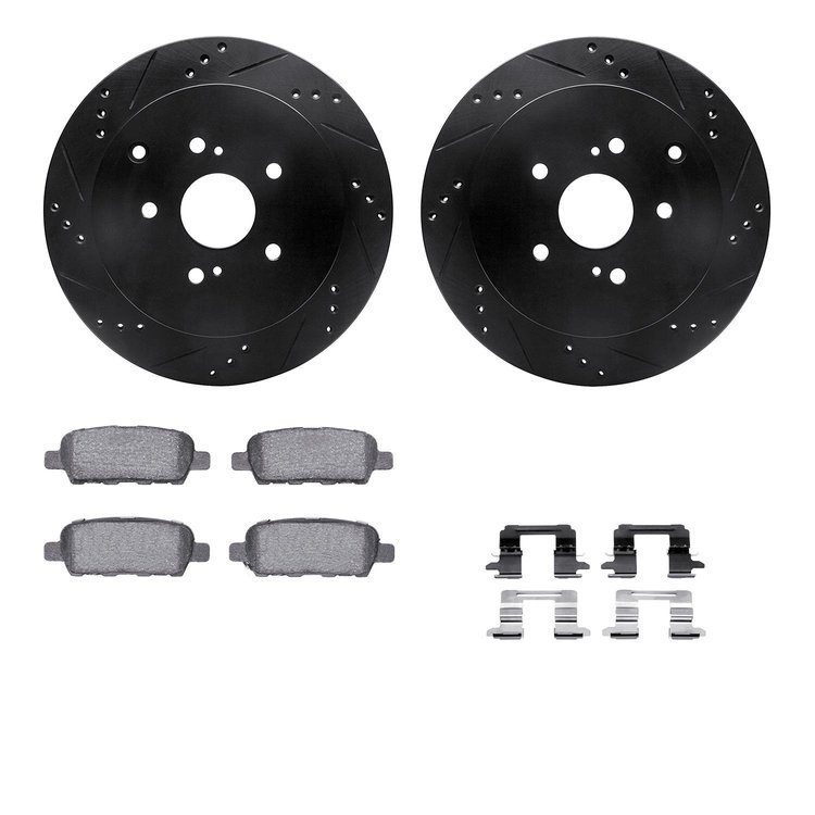 8512-01012 Drilled/Slotted Brake Rotors w/5000 Advanced Brake Pads Kit & Hardware [Black], 2009-2017 Suzuki, Position: Rear
