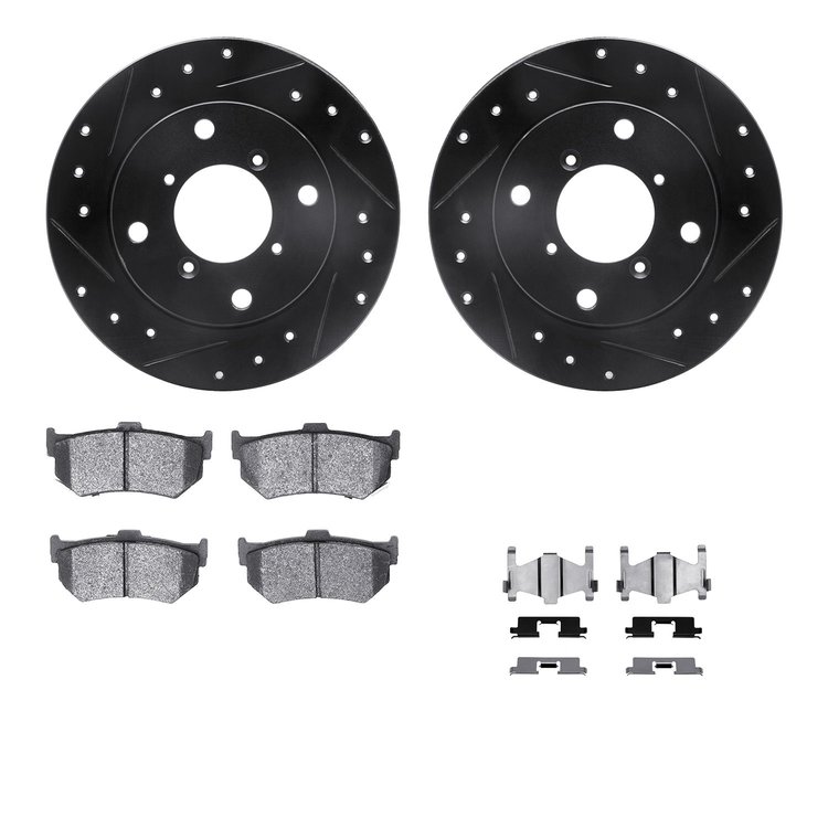 8512-01020 Drilled/Slotted Brake Rotors w/5000 Advanced Brake Pads Kit & Hardware [Black], 1989-1994 Suzuki, Position: Rear