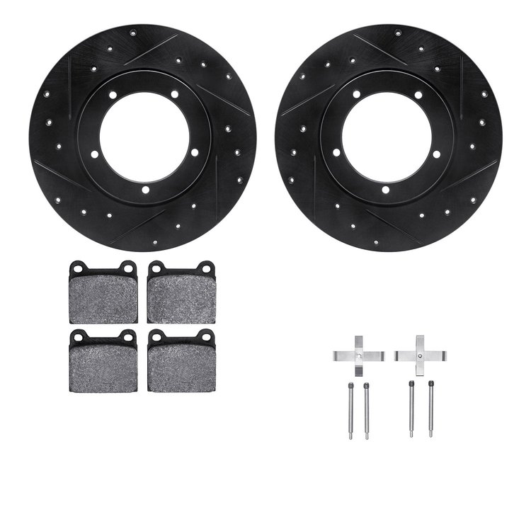 8512-02000 Drilled/Slotted Brake Rotors w/5000 Advanced Brake Pads Kit & Hardware [Black], 1976-1976 Porsche, Position: Front