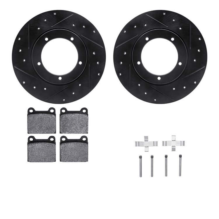 8512-02001 Drilled/Slotted Brake Rotors w/5000 Advanced Brake Pads Kit & Hardware [Black], 1965-1973 Porsche, Position: Front