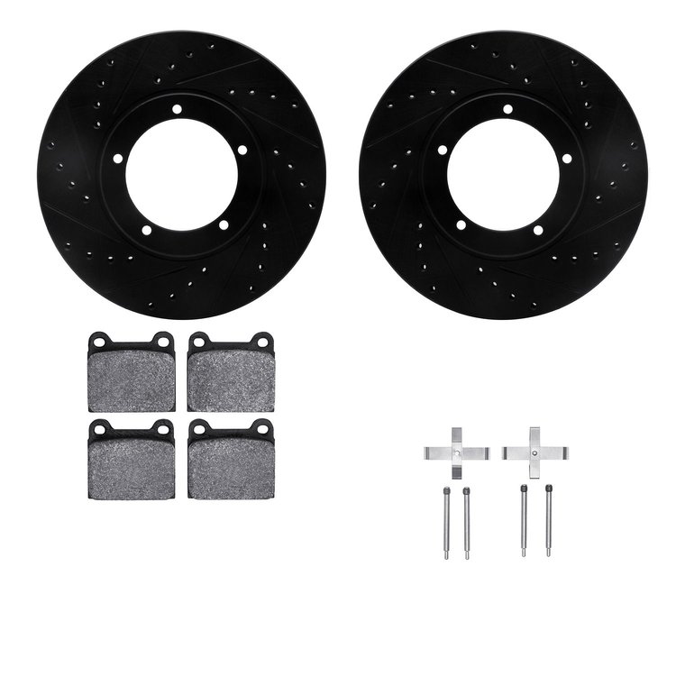 8512-02003 Drilled/Slotted Brake Rotors w/5000 Advanced Brake Pads Kit & Hardware [Black], 1967-1974 Porsche, Position: Front