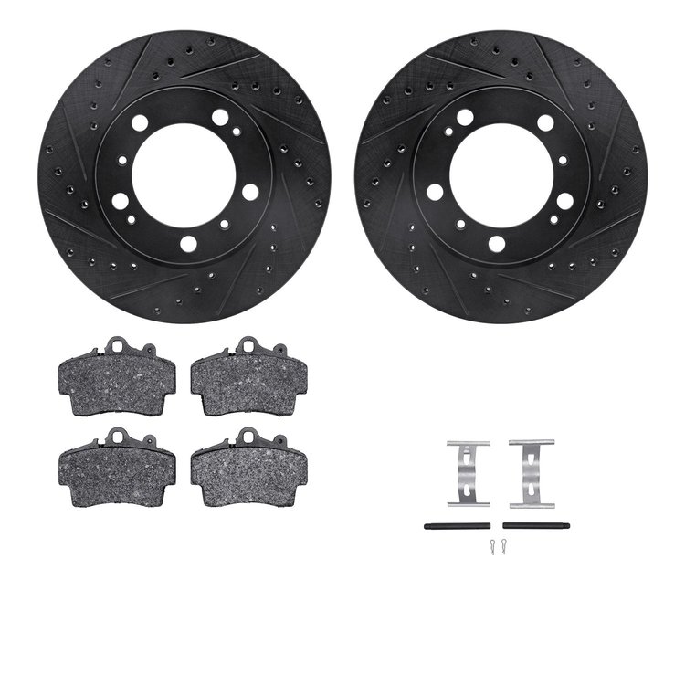 8512-02007 Drilled/Slotted Brake Rotors w/5000 Advanced Brake Pads Kit & Hardware [Black], 1997-2004 Porsche, Position: Front