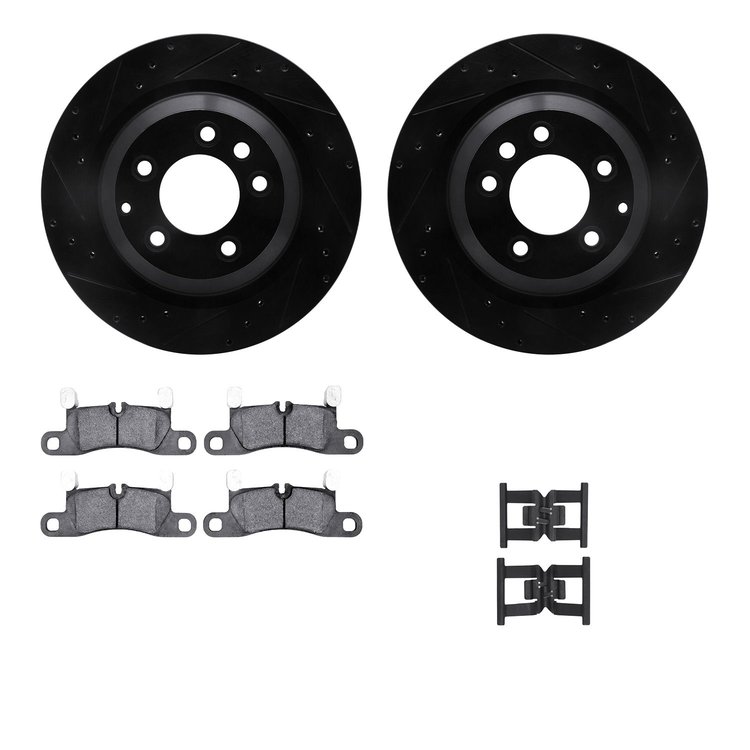 8512-02017 Drilled/Slotted Brake Rotors w/5000 Advanced Brake Pads Kit & Hardware [Black], 2015-2018 Porsche, Position: Rear
