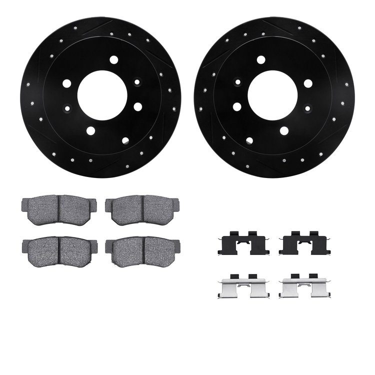 8512-03012 Drilled/Slotted Brake Rotors w/5000 Advanced Brake Pads Kit & Hardware [Black], 1999-2006 Kia/Hyundai/Genesis, Positi