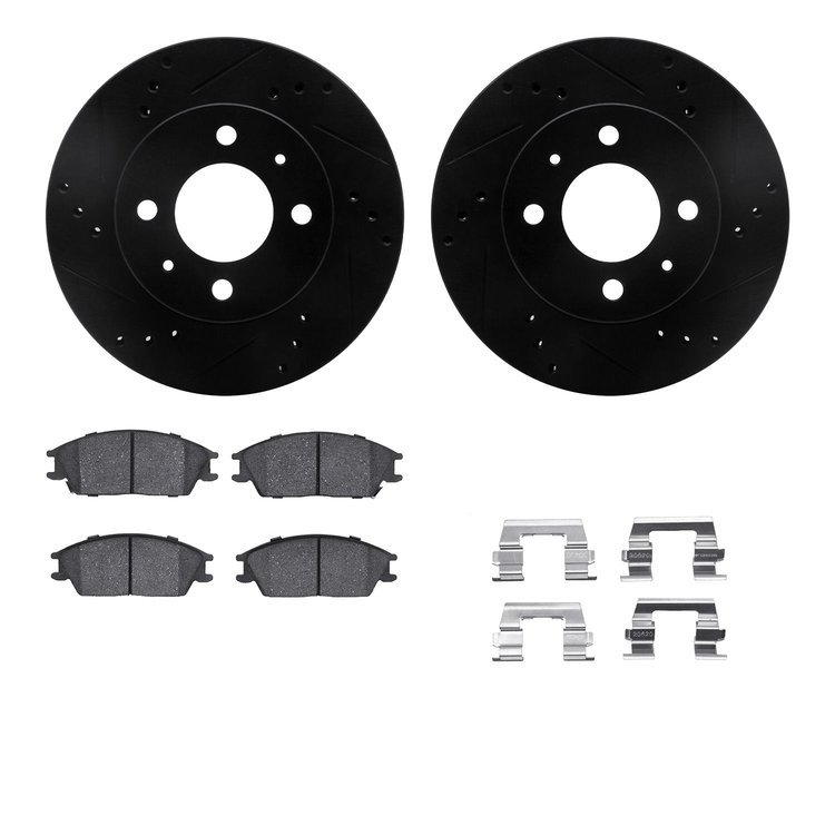 8512-03013 Drilled/Slotted Brake Rotors w/5000 Advanced Brake Pads Kit & Hardware [Black], 2000-2002 Kia/Hyundai/Genesis, Positi