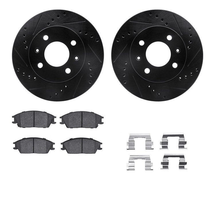 8512-03027 Drilled/Slotted Brake Rotors w/5000 Advanced Brake Pads Kit & Hardware [Black], 2003-2006 Multiple Makes/Models, Posi