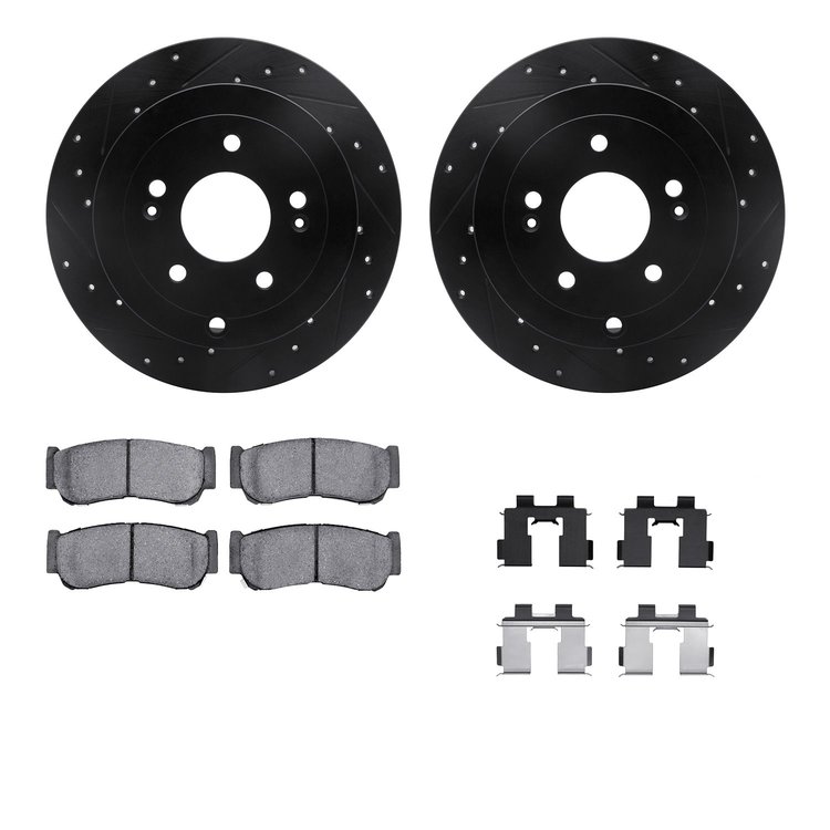 8512-03046 Drilled/Slotted Brake Rotors w/5000 Advanced Brake Pads Kit & Hardware [Black], 2007-2009 Kia/Hyundai/Genesis, Positi