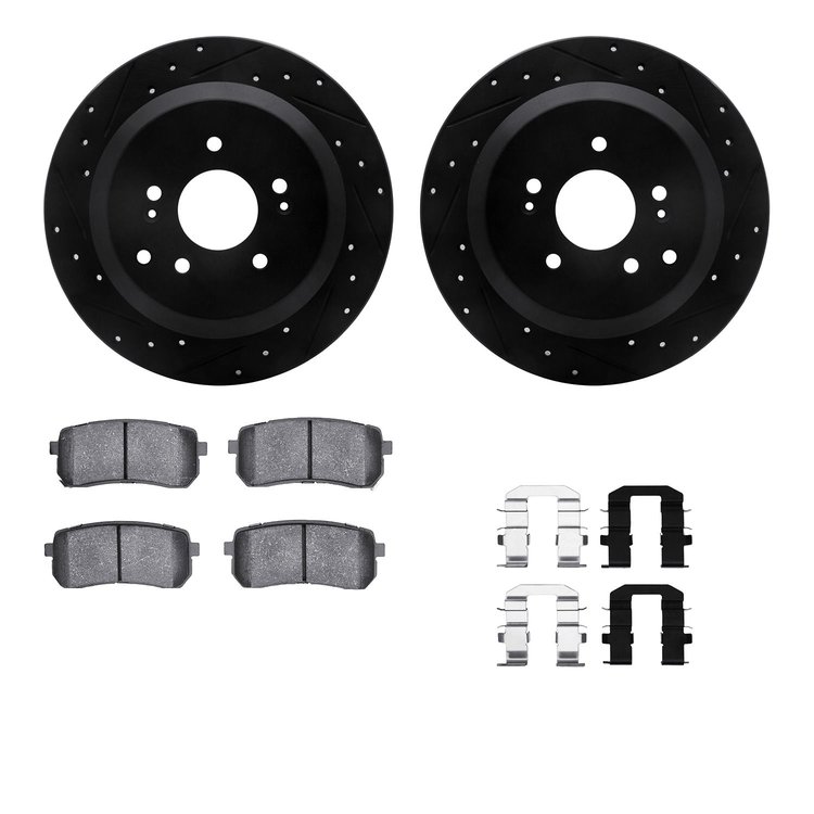 8512-03048 Drilled/Slotted Brake Rotors w/5000 Advanced Brake Pads Kit & Hardware [Black], 2007-2012 Kia/Hyundai/Genesis, Positi