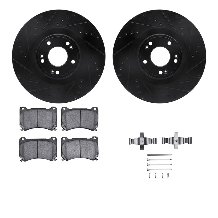 8512-03069 Drilled/Slotted Brake Rotors w/5000 Advanced Brake Pads Kit & Hardware [Black], 2011-2014 Kia/Hyundai/Genesis, Positi
