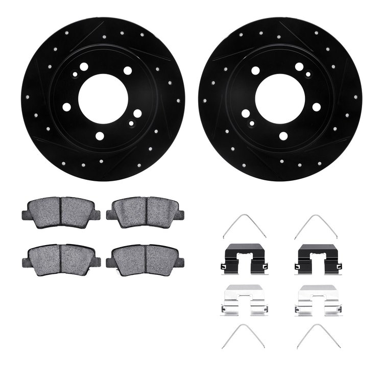 8512-03071 Drilled/Slotted Brake Rotors w/5000 Advanced Brake Pads Kit & Hardware [Black], Fits Select Kia/Hyundai/Genesis, Posi