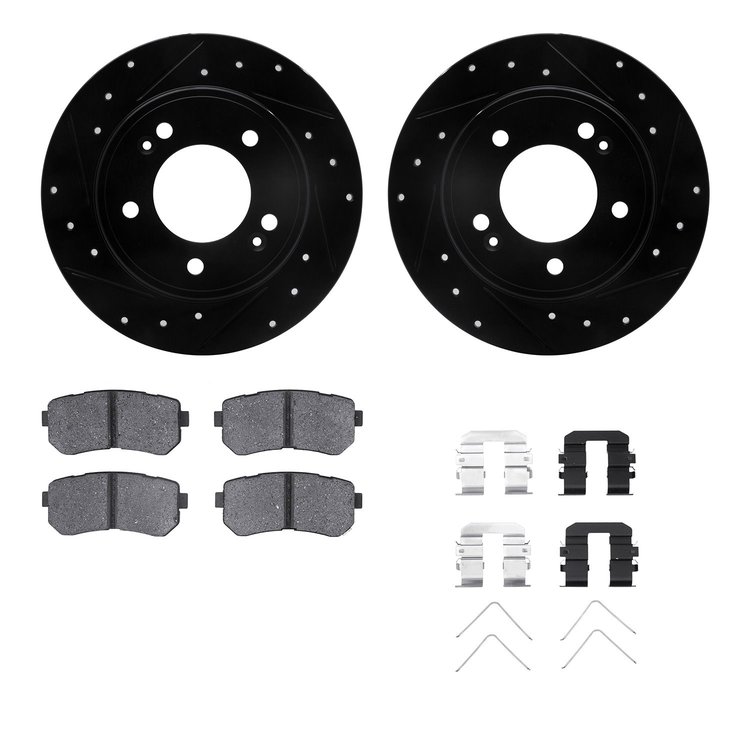 8512-03073 Drilled/Slotted Brake Rotors w/5000 Advanced Brake Pads Kit & Hardware [Black], Fits Select Kia/Hyundai/Genesis, Posi