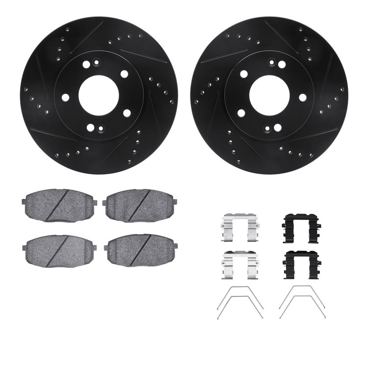 8512-03074 Drilled/Slotted Brake Rotors w/5000 Advanced Brake Pads Kit & Hardware [Black], Fits Select Kia/Hyundai/Genesis, Posi
