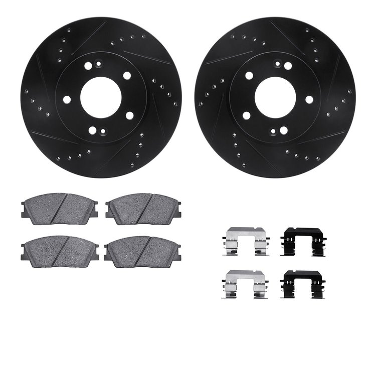 8512-03080 Drilled/Slotted Brake Rotors w/5000 Advanced Brake Pads Kit & Hardware [Black], Fits Select Kia/Hyundai/Genesis, Posi