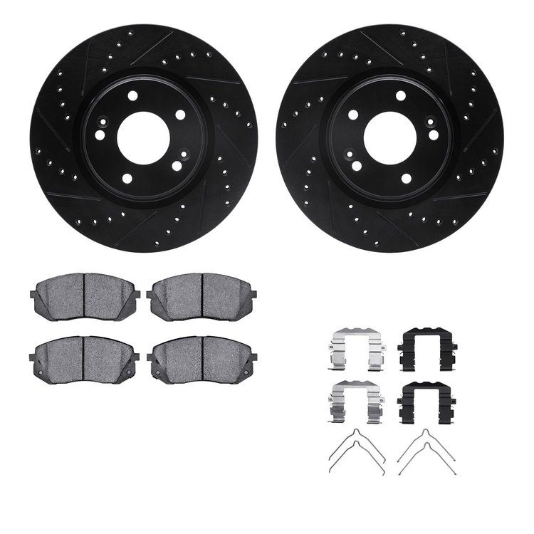 8512-03095 Drilled/Slotted Brake Rotors w/5000 Advanced Brake Pads Kit & Hardware [Black], Fits Select Kia/Hyundai/Genesis, Posi