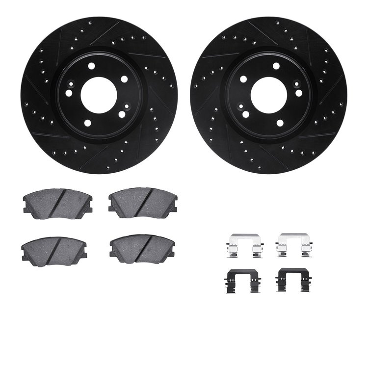 8512-03103 Drilled/Slotted Brake Rotors w/5000 Advanced Brake Pads Kit & Hardware [Black], Fits Select Kia/Hyundai/Genesis, Posi