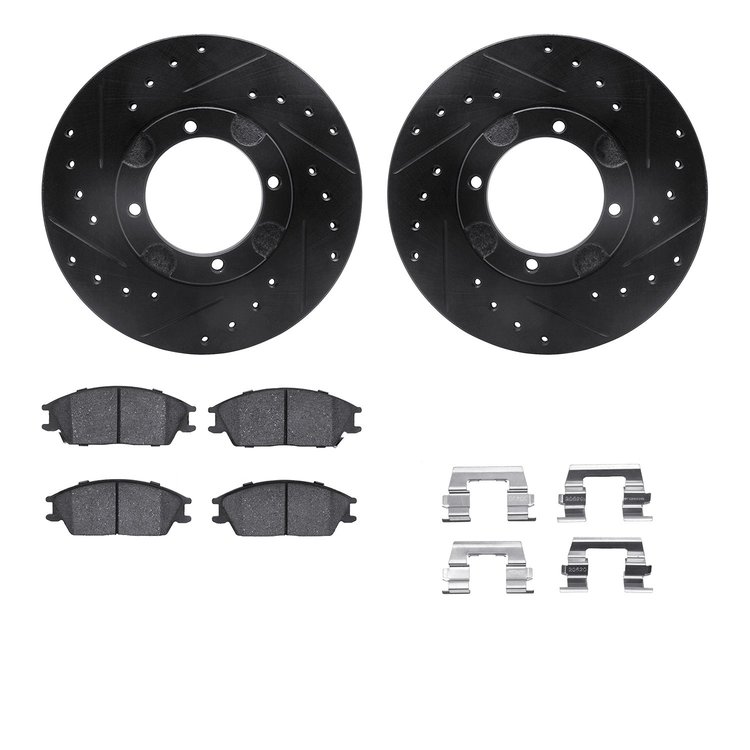 8512-03130 Drilled/Slotted Brake Rotors w/5000 Advanced Brake Pads Kit & Hardware [Black], 1987-1999 Multiple Makes/Models, Posi