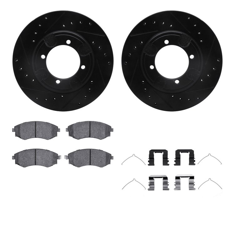 8512-03146 Drilled/Slotted Brake Rotors w/5000 Advanced Brake Pads Kit & Hardware [Black], 1997-1998 Kia/Hyundai/Genesis, Positi