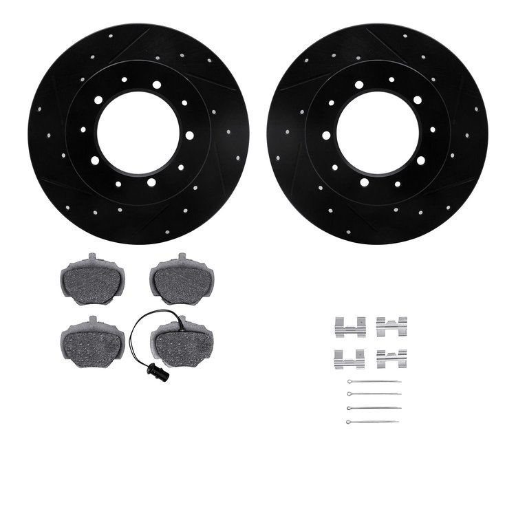 8512-11002 Drilled/Slotted Brake Rotors w/5000 Advanced Brake Pads Kit & Hardware [Black], 1987-1995 Land Rover, Position: Rear
