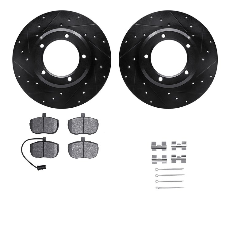 8512-11004 Drilled/Slotted Brake Rotors w/5000 Advanced Brake Pads Kit & Hardware [Black], 1987-1989 Land Rover, Position: Front
