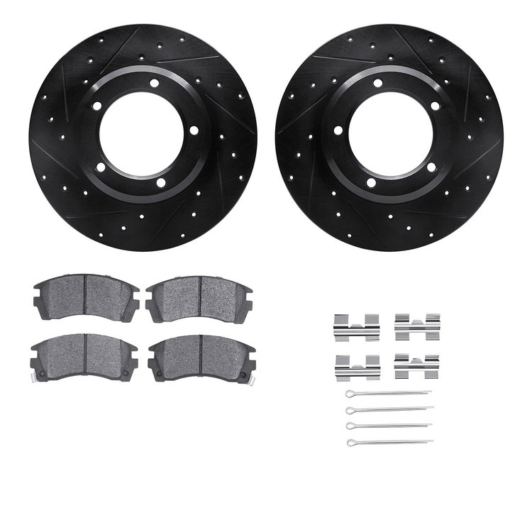 8512-11005 Drilled/Slotted Brake Rotors w/5000 Advanced Brake Pads Kit & Hardware [Black], 1974-1974 Land Rover, Position: Front