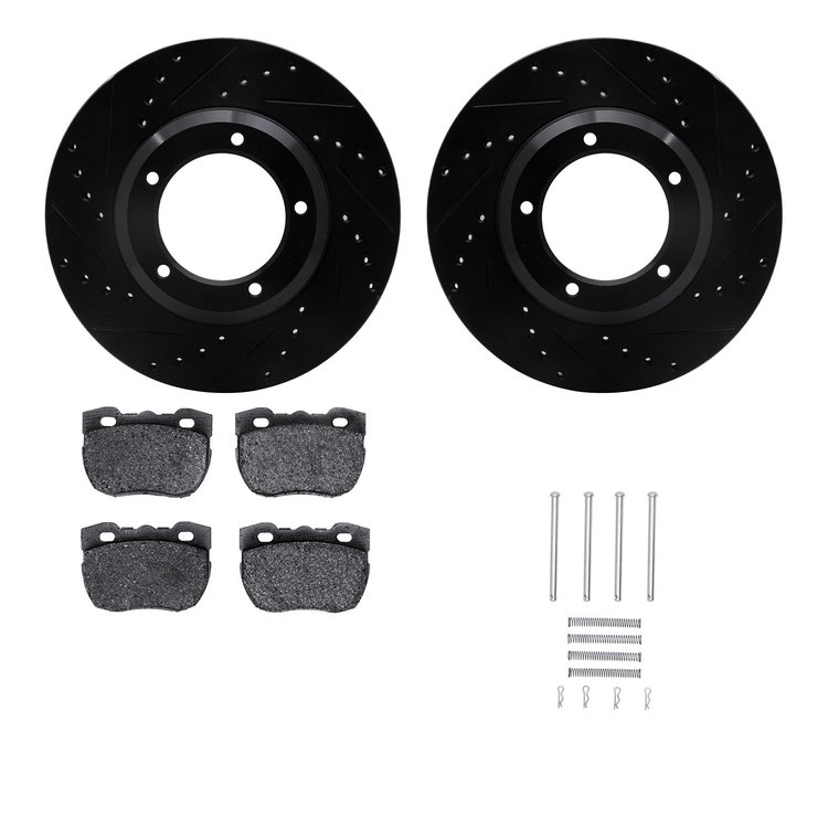 8512-11006 Drilled/Slotted Brake Rotors w/5000 Advanced Brake Pads Kit & Hardware [Black], 1990-1995 Land Rover, Position: Front
