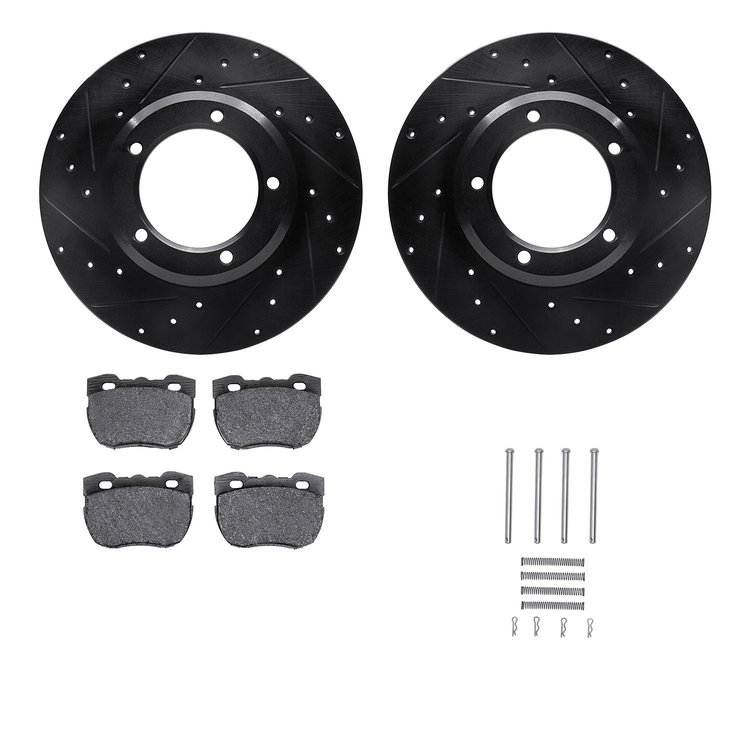 8512-11007 Drilled/Slotted Brake Rotors w/5000 Advanced Brake Pads Kit & Hardware [Black], 1994-1999 Land Rover, Position: Front