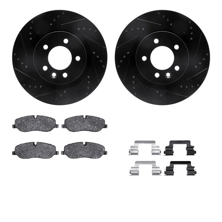 8512-11012 Drilled/Slotted Brake Rotors w/5000 Advanced Brake Pads Kit & Hardware [Black], 2005-2009 Land Rover, Position: Front