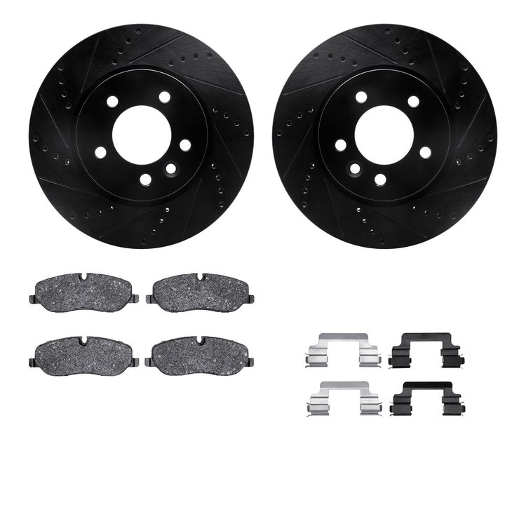 8512-11013 Drilled/Slotted Brake Rotors w/5000 Advanced Brake Pads Kit & Hardware [Black], 2005-2007 Land Rover, Position: Front