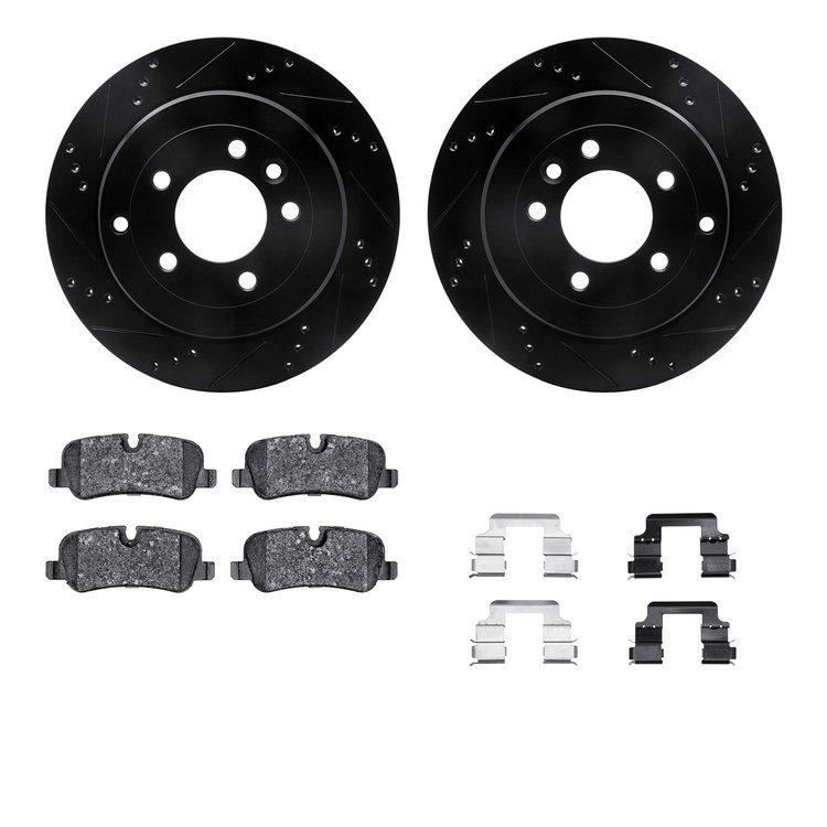 8512-11016 Drilled/Slotted Brake Rotors w/5000 Advanced Brake Pads Kit & Hardware [Black], 2005-2007 Land Rover, Position: Rear