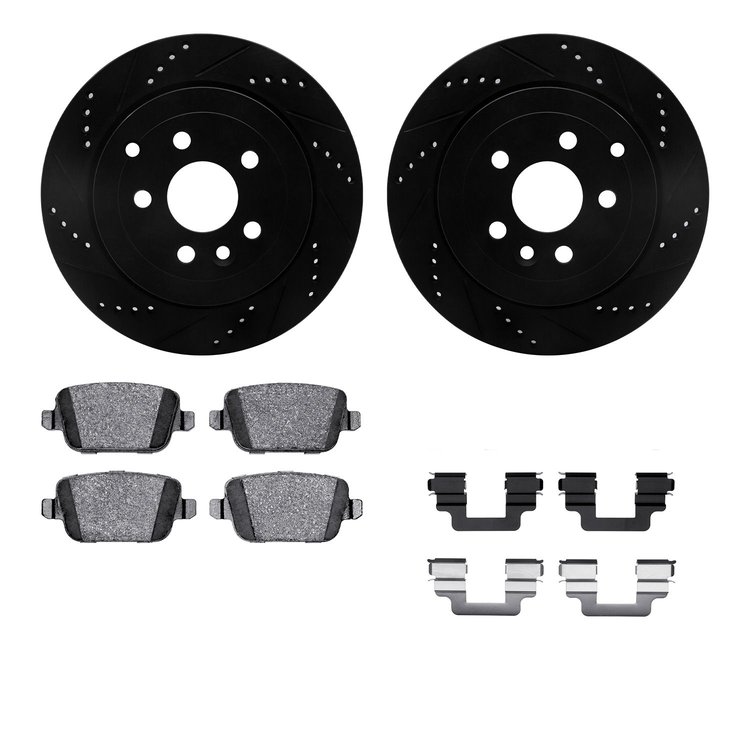 8512-11020 Drilled/Slotted Brake Rotors w/5000 Advanced Brake Pads Kit & Hardware [Black], 2008-2012 Land Rover, Position: Rear