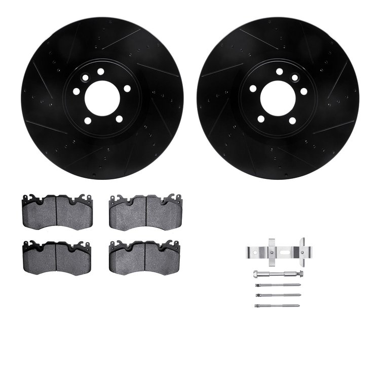8512-11022 Drilled/Slotted Brake Rotors w/5000 Advanced Brake Pads Kit & Hardware [Black], 2010-2017 Land Rover, Position: Front