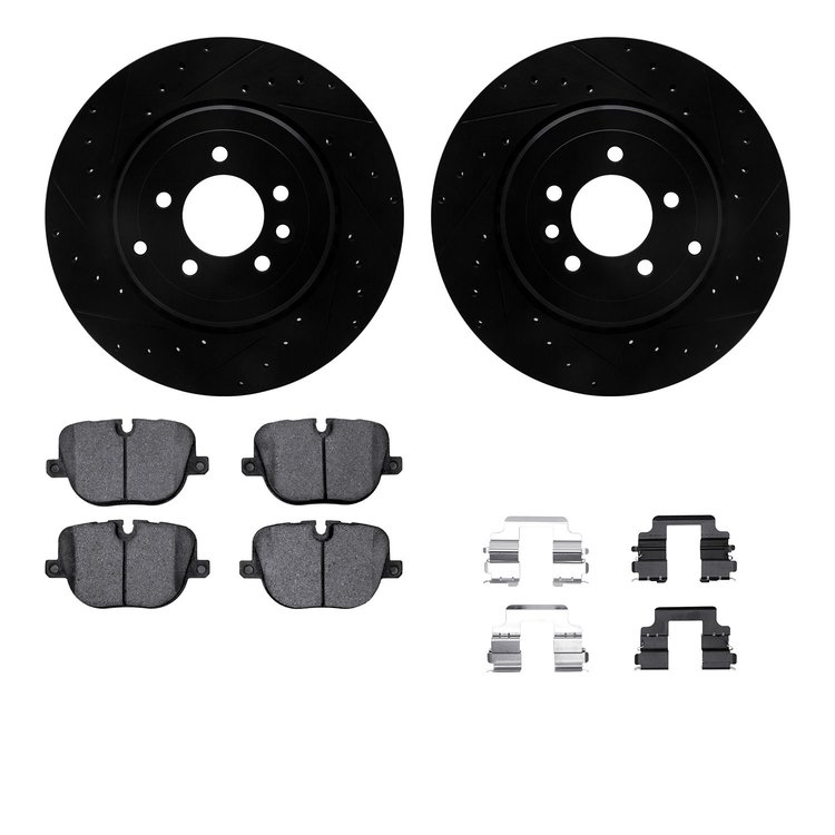 8512-11024 Drilled/Slotted Brake Rotors w/5000 Advanced Brake Pads Kit & Hardware [Black], 2010-2013 Land Rover, Position: Rear