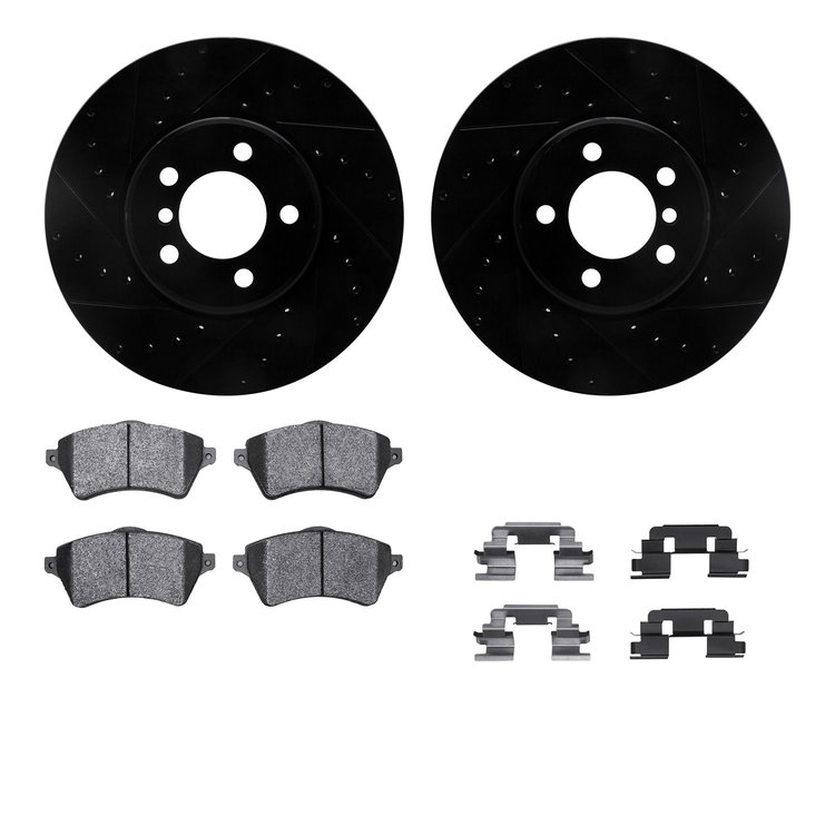 8512-11025 Drilled/Slotted Brake Rotors w/5000 Advanced Brake Pads Kit & Hardware [Black], 2002-2005 Land Rover, Position: Front