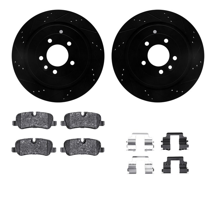 8512-11026 Drilled/Slotted Brake Rotors w/5000 Advanced Brake Pads Kit & Hardware [Black], 2010-2013 Land Rover, Position: Rear