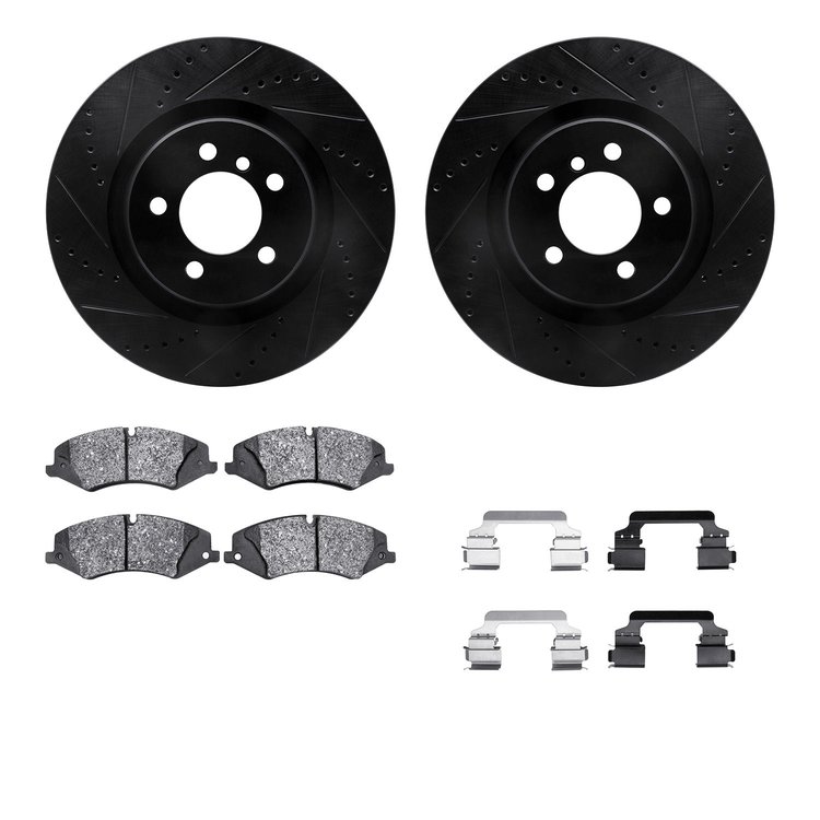 8512-11031 Drilled/Slotted Brake Rotors w/5000 Advanced Brake Pads Kit & Hardware [Black], 2010-2012 Land Rover, Position: Front
