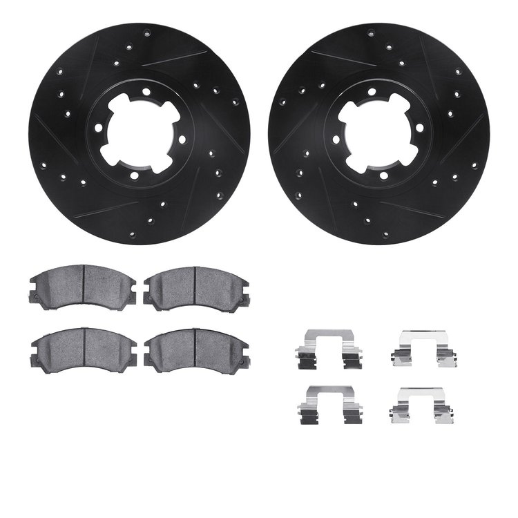 8512-13000 Drilled/Slotted Brake Rotors w/5000 Advanced Brake Pads Kit & Hardware [Black], 1985-1994 Subaru, Position: Front