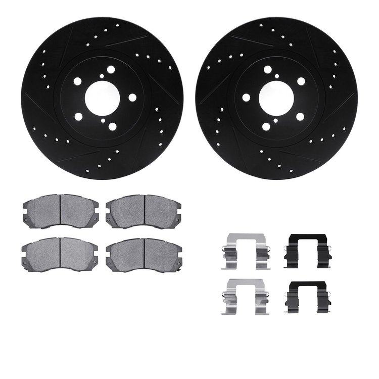 8512-13009 Drilled/Slotted Brake Rotors w/5000 Advanced Brake Pads Kit & Hardware [Black], 1990-1996 Subaru, Position: Front