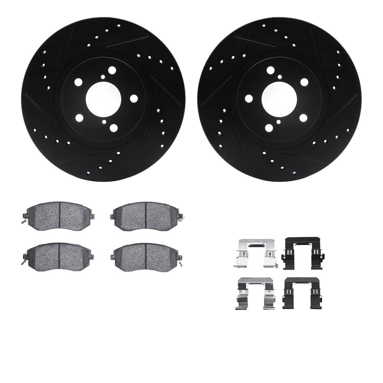 8512-13011 Drilled/Slotted Brake Rotors w/5000 Advanced Brake Pads Kit & Hardware [Black], 2011-2016 Subaru, Position: Front