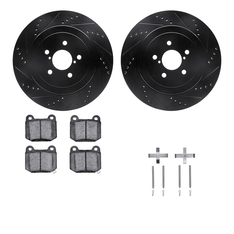 8512-13017 Drilled/Slotted Brake Rotors w/5000 Advanced Brake Pads Kit & Hardware [Black], 2003-2004 Subaru, Position: Rear