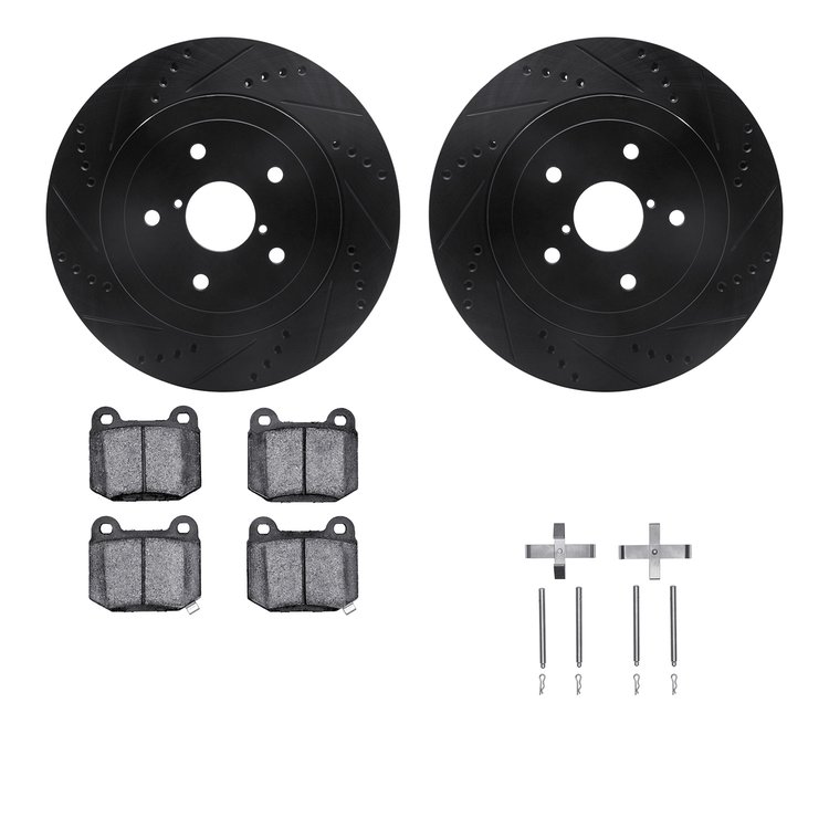 8512-13021 Drilled/Slotted Brake Rotors w/5000 Advanced Brake Pads Kit & Hardware [Black], 2005-2007 Subaru, Position: Rear