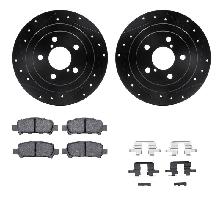 8512-13024 Drilled/Slotted Brake Rotors w/5000 Advanced Brake Pads Kit & Hardware [Black], 1998-2003 Subaru, Position: Rear