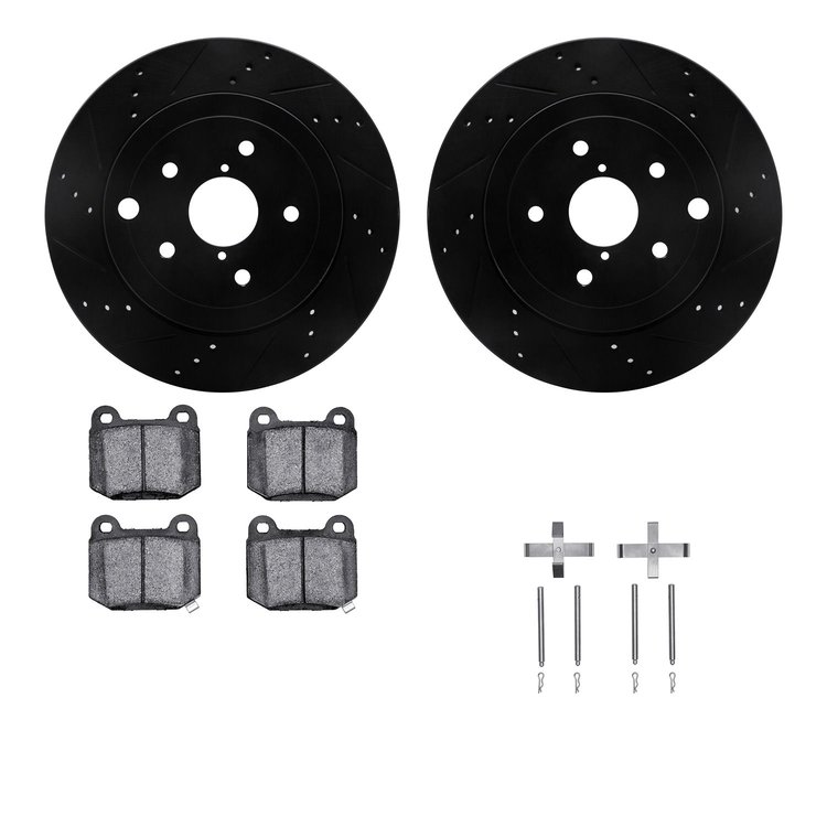8512-13027 Drilled/Slotted Brake Rotors w/5000 Advanced Brake Pads Kit & Hardware [Black], 2008-2020 Subaru, Position: Rear