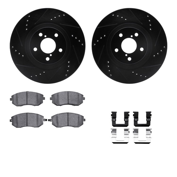8512-13029 Drilled/Slotted Brake Rotors w/5000 Advanced Brake Pads Kit & Hardware [Black], 2004-2012 Subaru, Position: Front