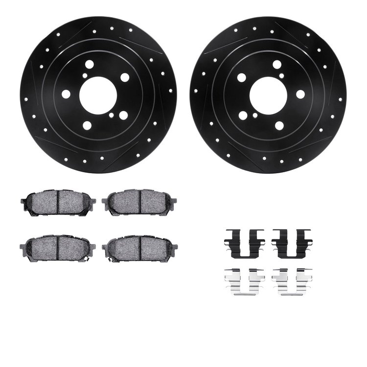 8512-13036 Drilled/Slotted Brake Rotors w/5000 Advanced Brake Pads Kit & Hardware [Black], 2003-2008 GM, Position: Rear
