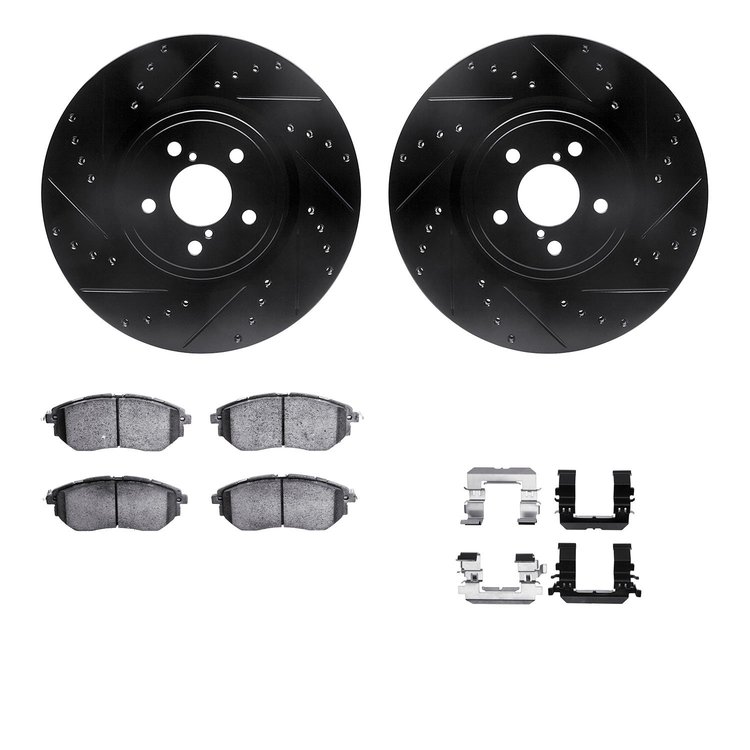8512-13037 Drilled/Slotted Brake Rotors w/5000 Advanced Brake Pads Kit & Hardware [Black], 2005-2018 Subaru, Position: Front